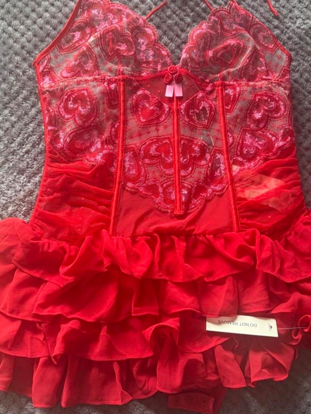 For Love and Lemons Red Heartbeat Lace Slip Dress in Small